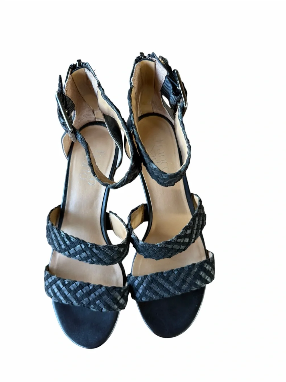 Franco Sarto Black Tate Woven Leather and Fabric Block Heel Sandals Sz 7